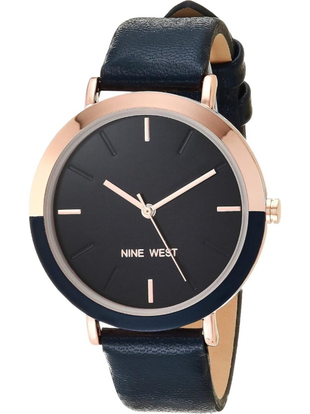 Nine West Women's Navy Blue And Rose Gold Analog Quartz Solid Strap Round Watch